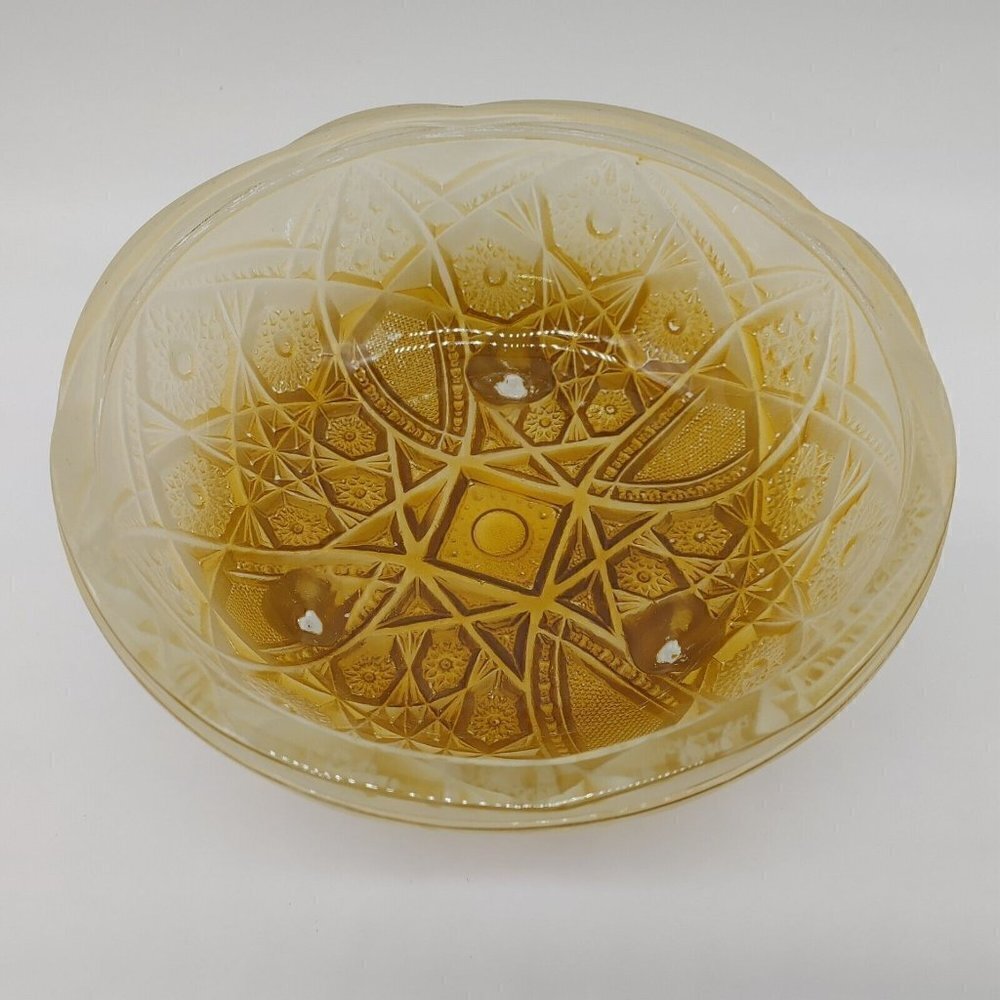 2 Toned Amber Depression Glass Round Mid Century Modern Footed Serving Bowl VTG - Picture 4 of 11